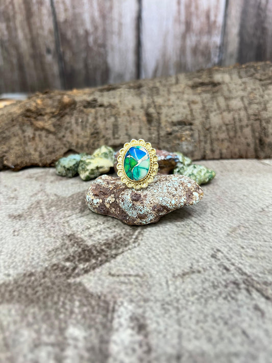 “The Golden Collection” Natural Peacock Dahlia Adjustable Ring
