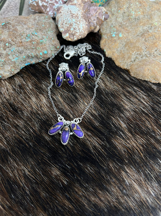 Handmade Sterling Silver Grape Dahlia Necklace Earrings Set, Signed Nizhoni