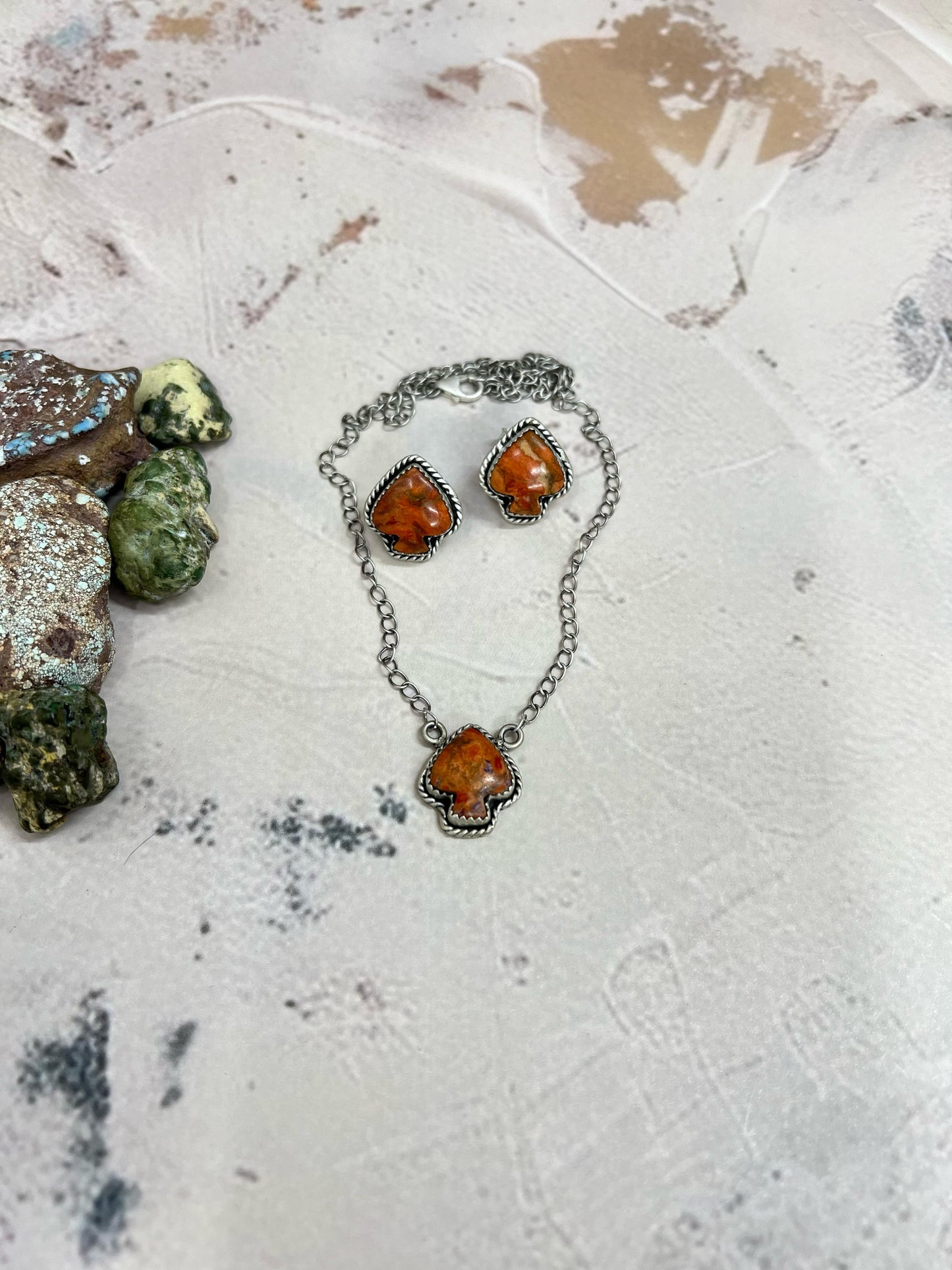 Handmade Sterling Silver Orange Mojave Necklace Earrings Spade Set with Signed Nizhoni