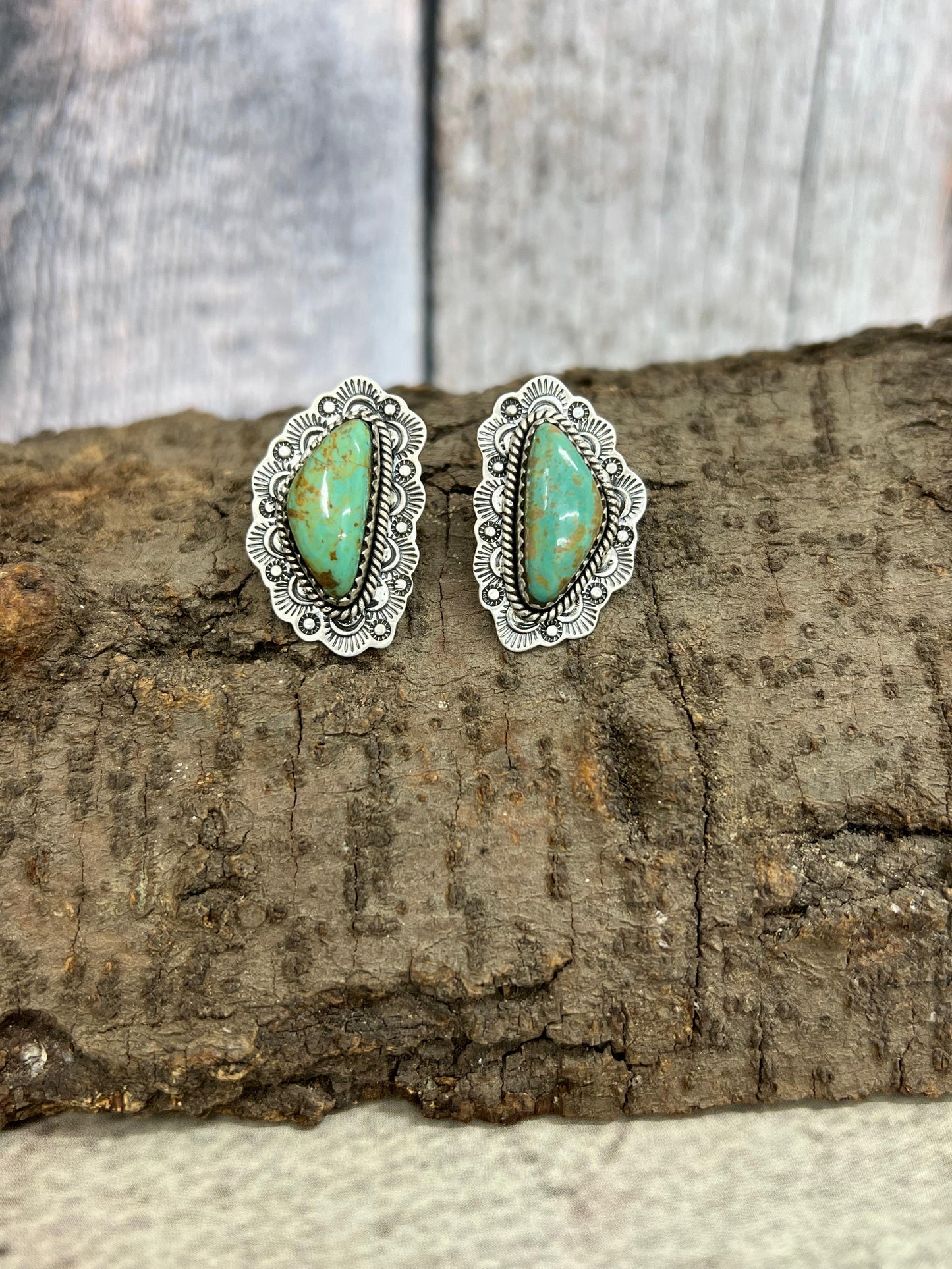 Handmade Sterling Silver Royston Turquoise Post Studs with Signed Nizhoni