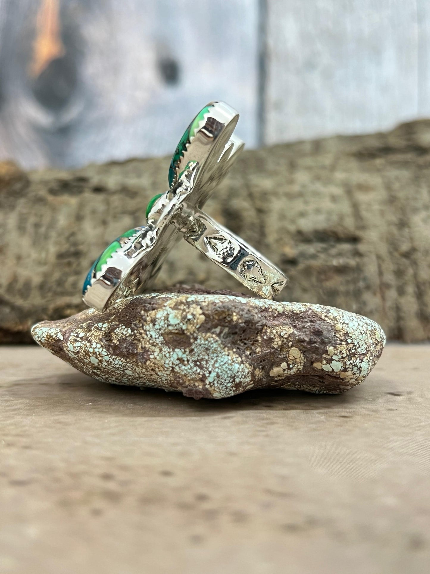 Handmade Sterling Silver Peacock Dahlia with Druzy Adjustable Ring with Signed Nizhoni