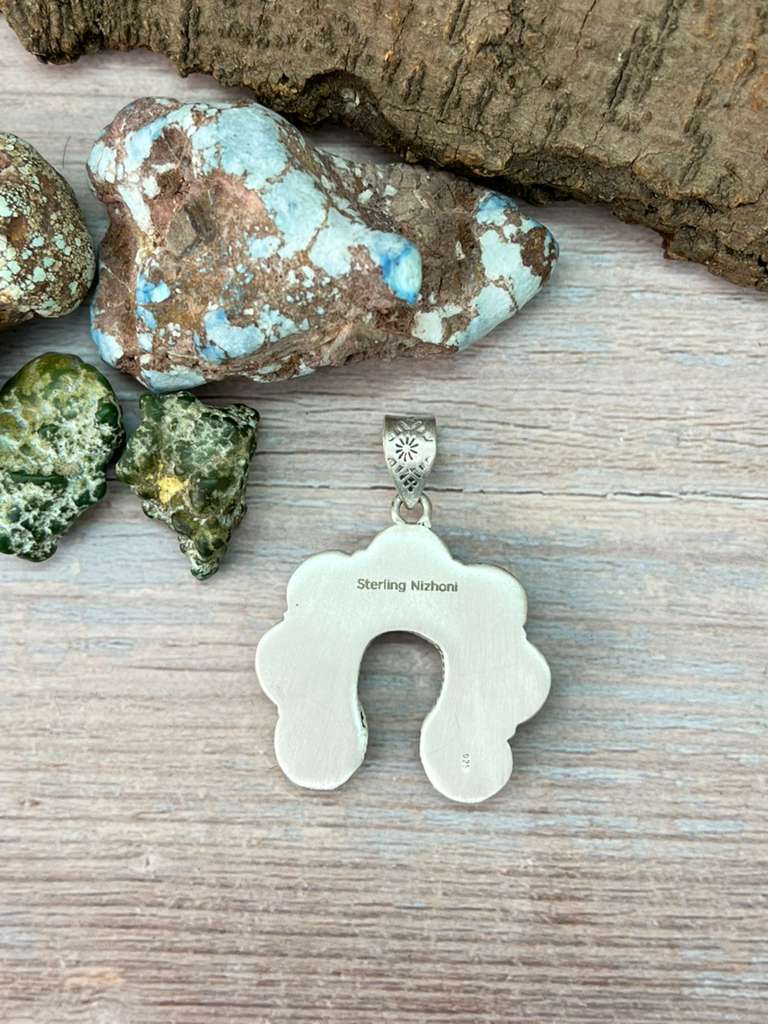 Handmade Sterling Silver Old Stock Royston Turquoise Naja Pendant with Signed Nizhoni