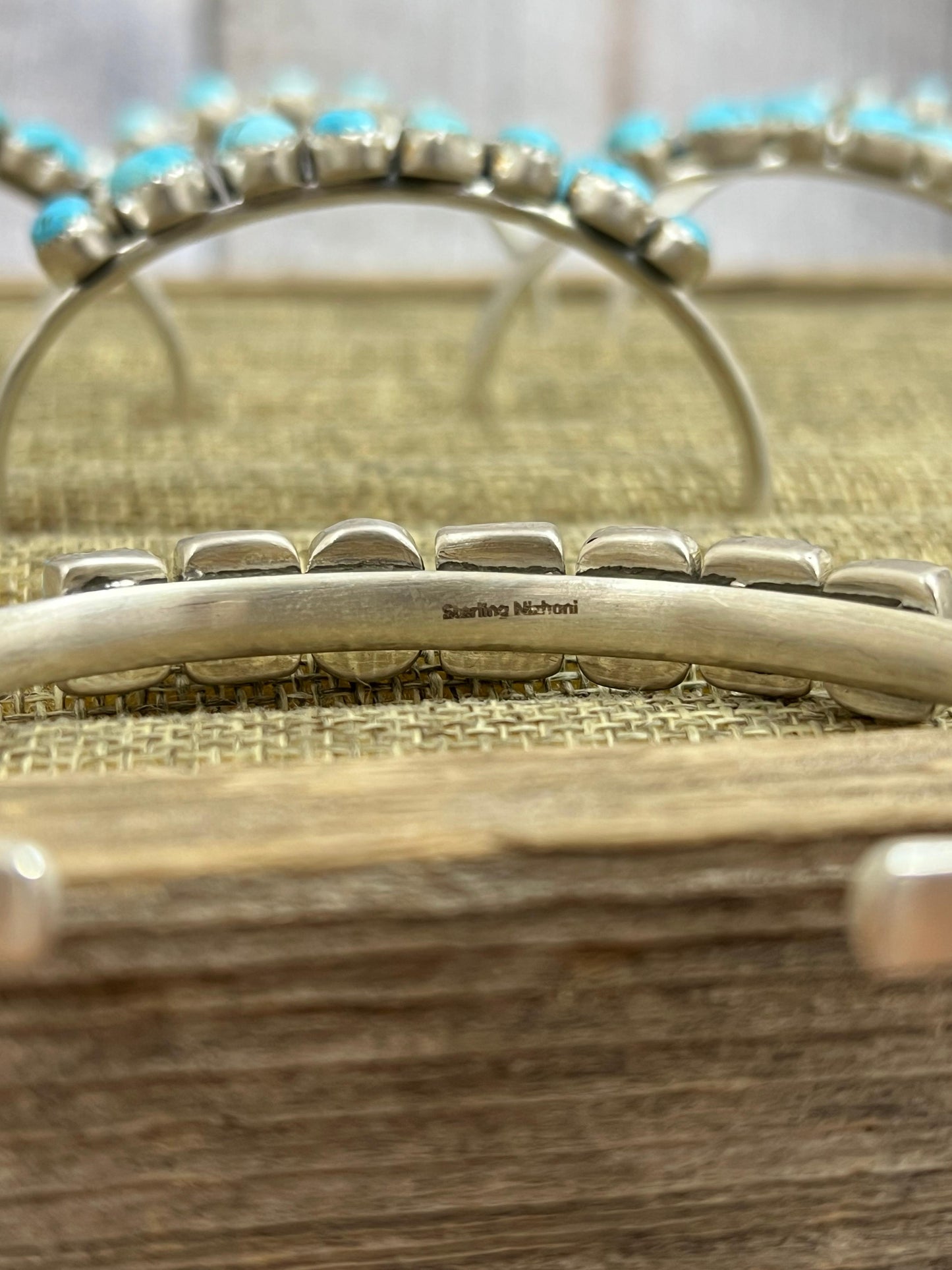 Handmade Sterling Silver Blue Bird Turquoise Cuff Bracelet with Signed Nizhoni