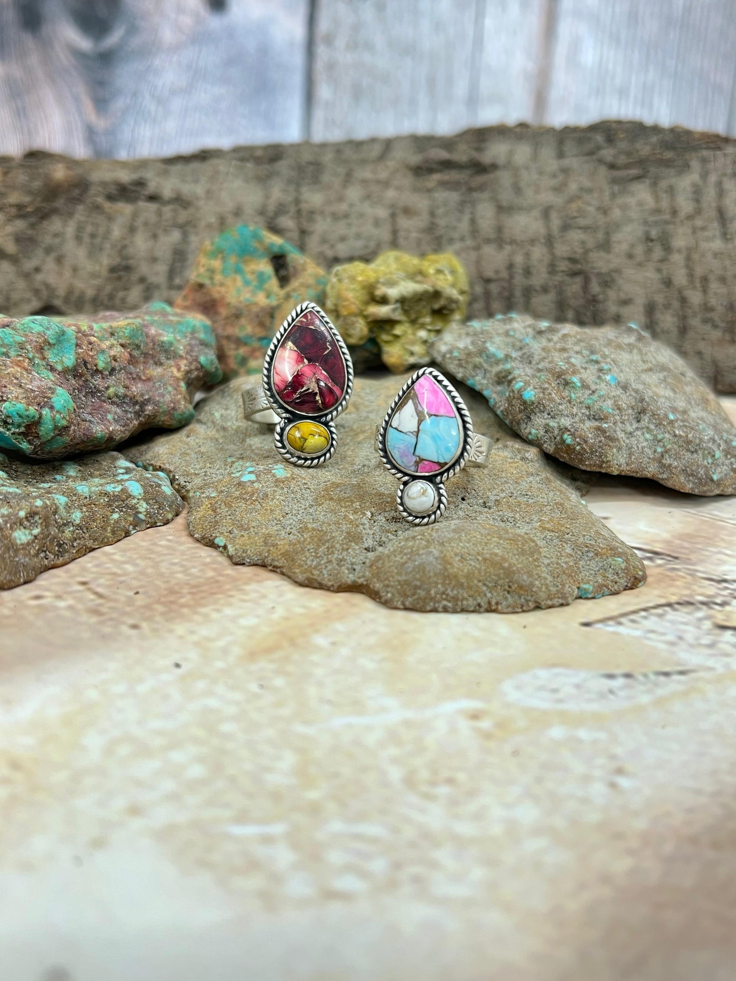 Handmade Sterling Silver Dahlia Rose with Honey Dahlia, Cotton Candy with White Buffalo Turquoise Adjustable Ring, Signed Nizhoni