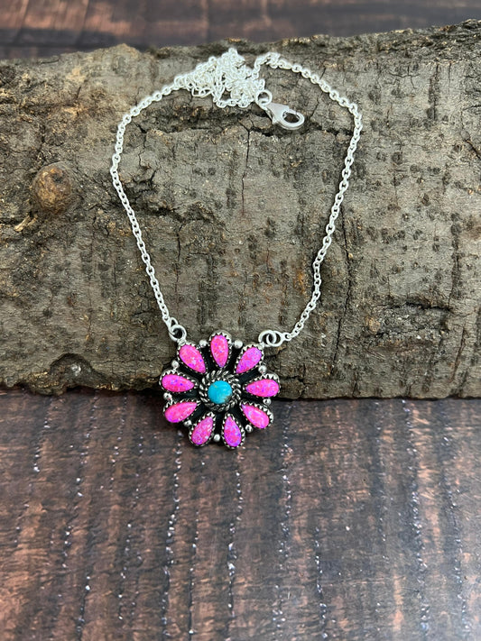 Handmade Sterling Silver Hot Pink with Kingman Turquoise Necklace, Signed Nizhoni