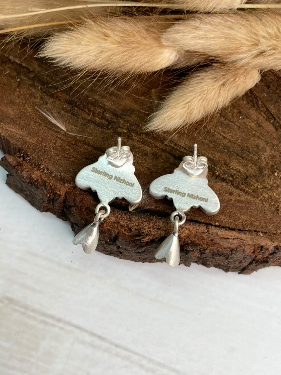Handmade Sterling Silver Kingman Turquoise Post Studs Squash Blossom Earrings Signed Nizhoni