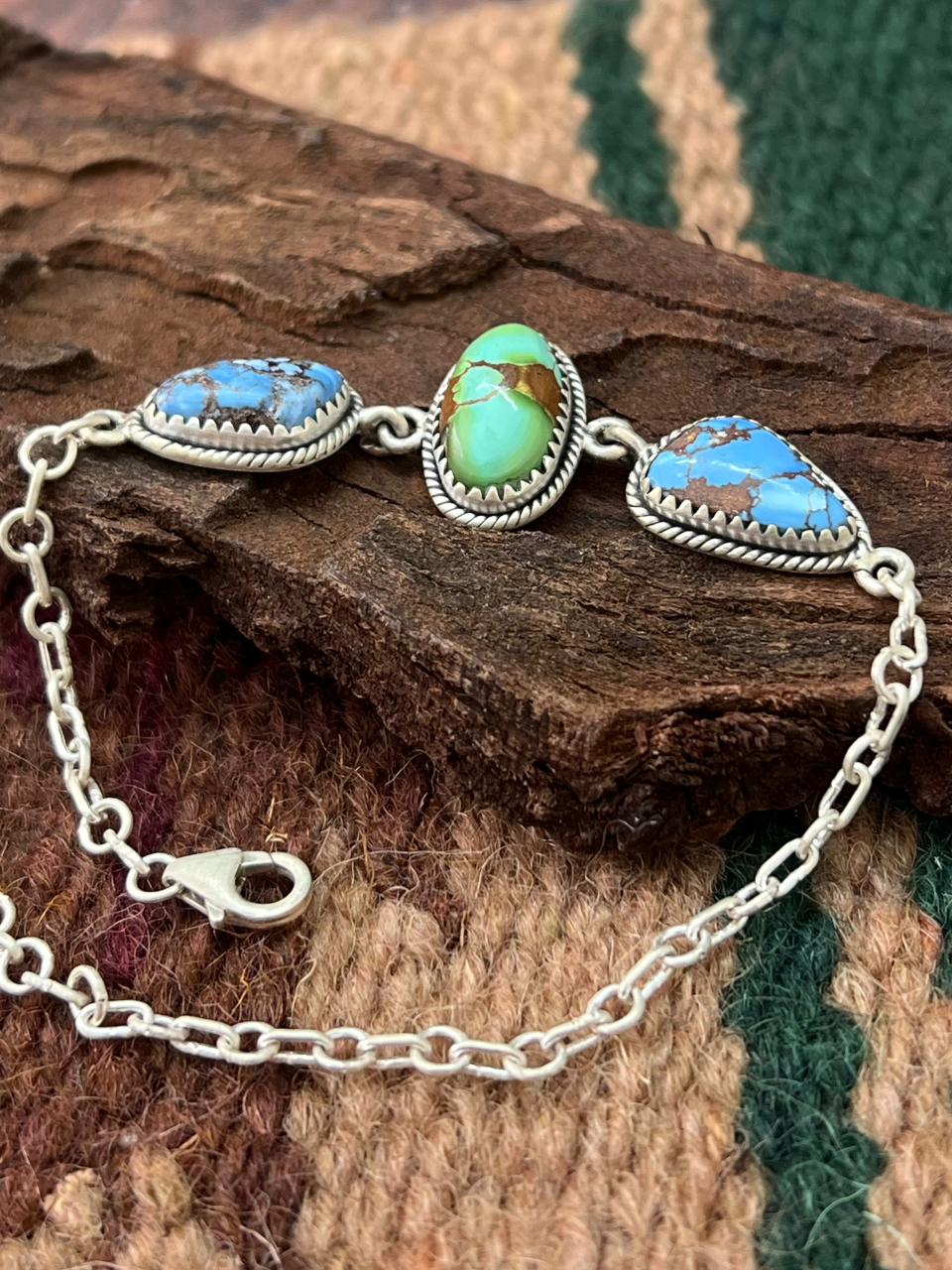 Handmade Sterling Silver Golden Hills with Sonoran Mountain Turquoise Chain Bracelet "Signed Nizhoni"