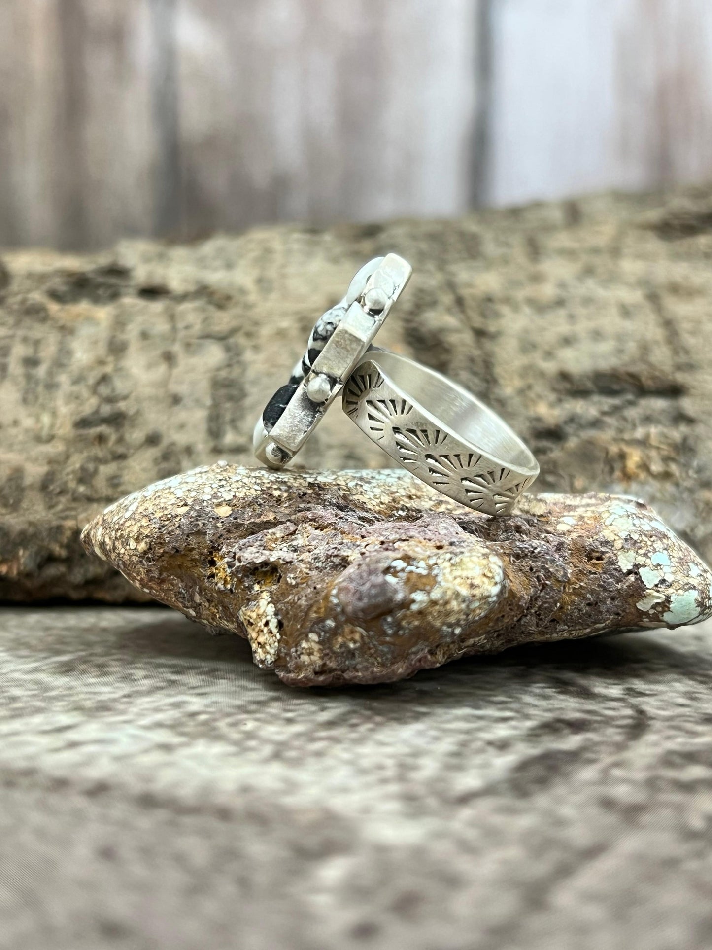 Handmade Sterling Silver White Buffalo Turquoise Adjustable Ring with Signed Nizhoni