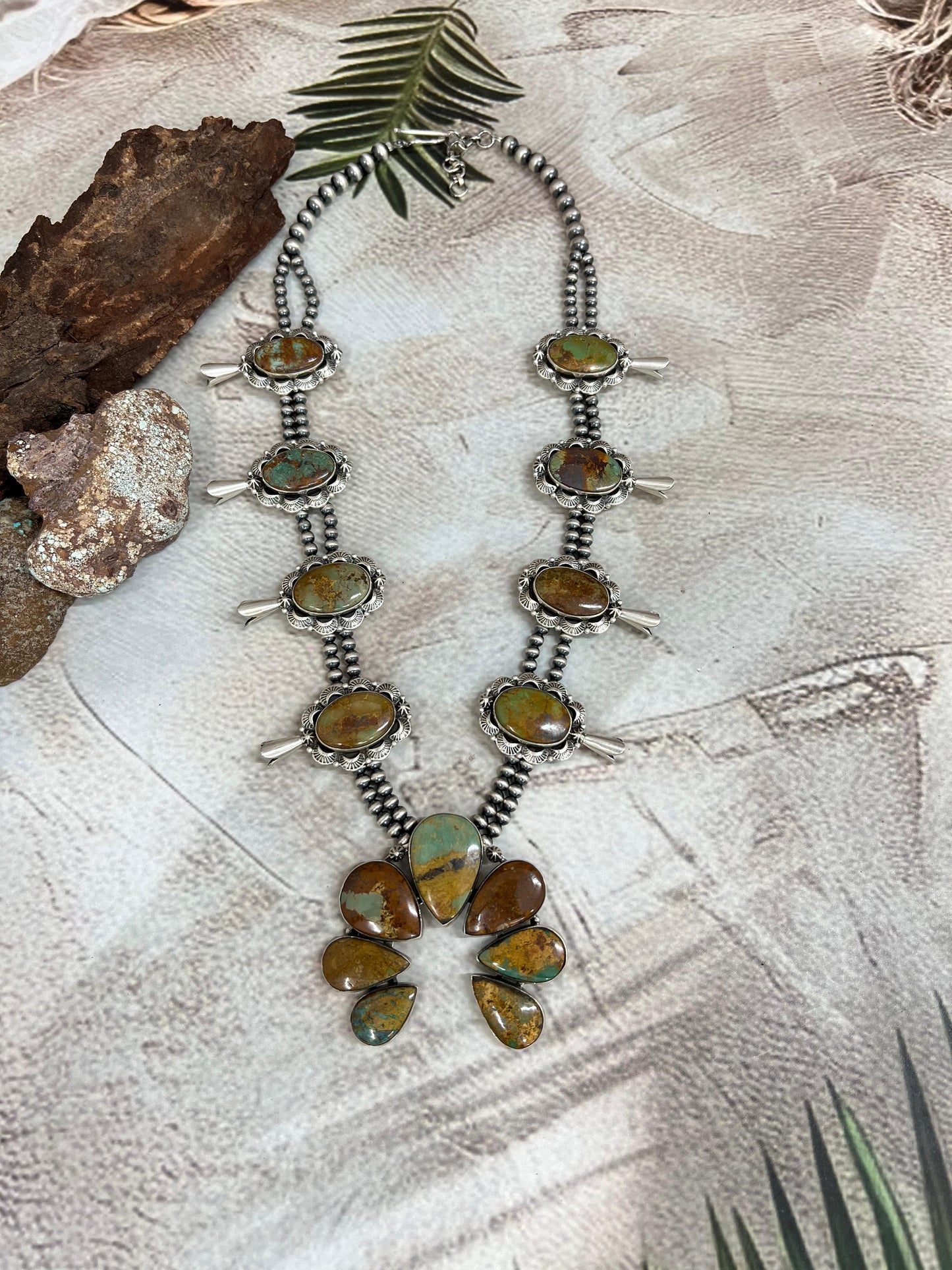 Handmade Sterling Silver Old Stock Royston Turquoise Beaded Squash Blossom Necklace Signed Nizhoni