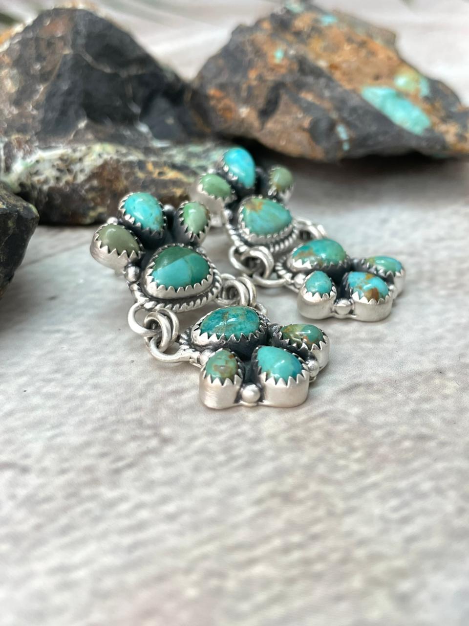 Handmade Sterling Silver Kingman Turquoise Post Dangle Earrings "Signed Nizhoni"