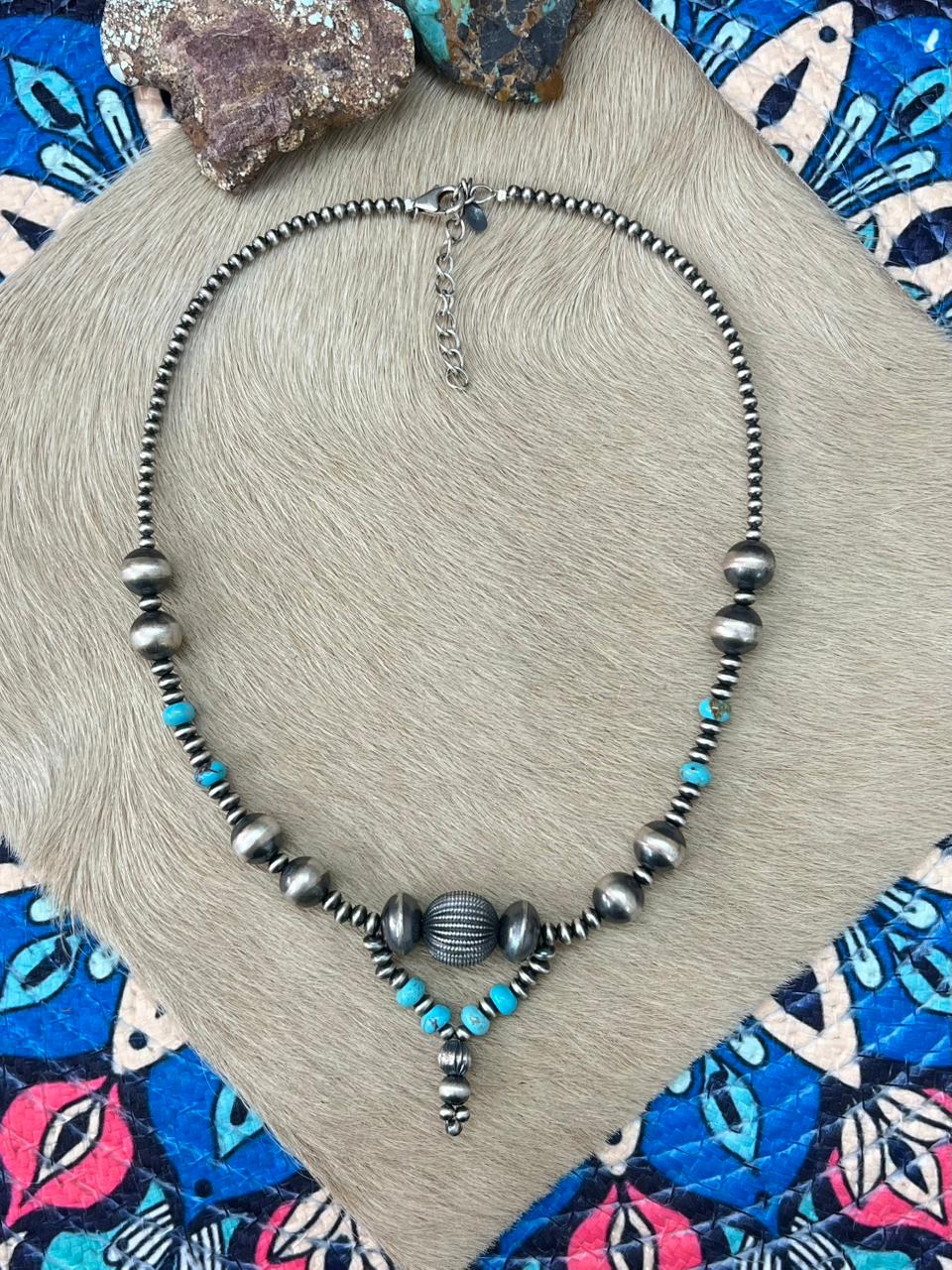 Handmade Sterling Silver Beaded Kingman Turquoise Necklace "Signed Nizhoni"