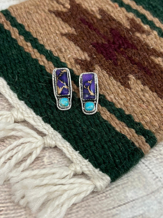 Handmade Sterling Silver Grape Dahlia with Kingman Post Studs with Signed Nizhoni