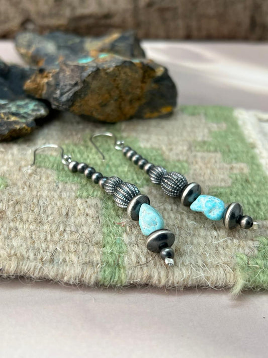 Handmade Sterling Silver Beaded White Water Hook Dangle Earrings "Signed Nizhoni"