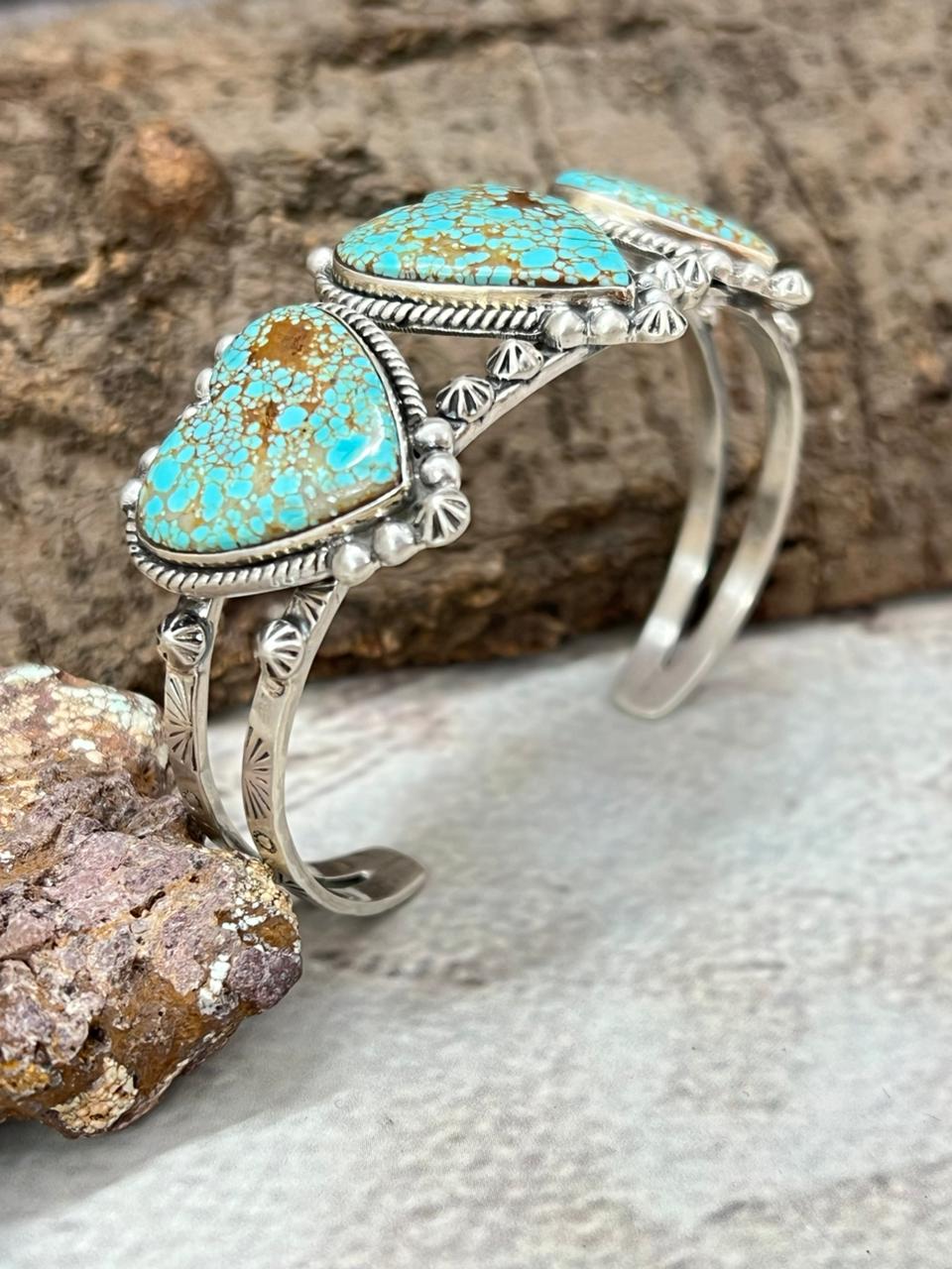 Handmade Sterling Silver Number 8 Turquoise Heart Cuff Bracelet with Signed Nizhoni