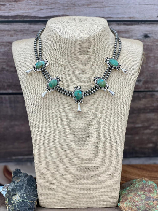 Handmade Sterling Silver Kingman Turquoise Beaded Blossom Necklace "Signed Nizhoni"