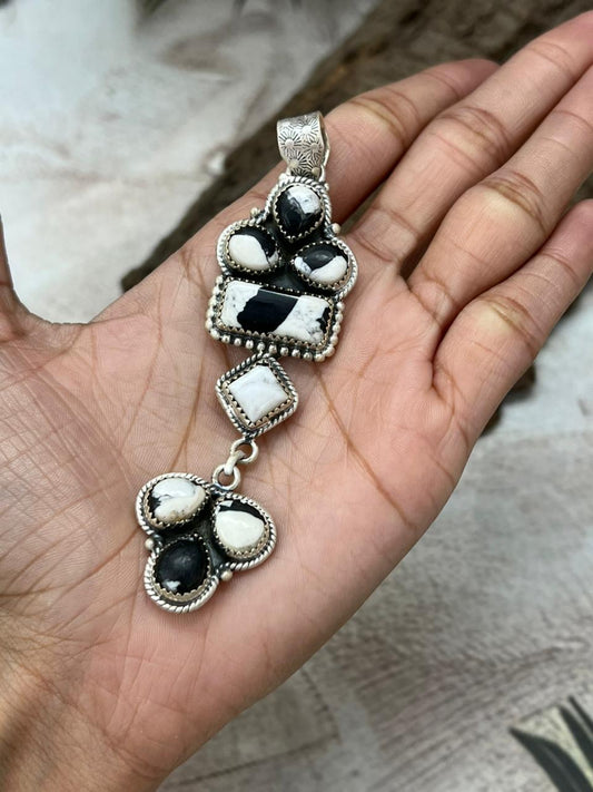 Handmade Sterling Silver White Buffalo Pendant with Signed Nizhoni
