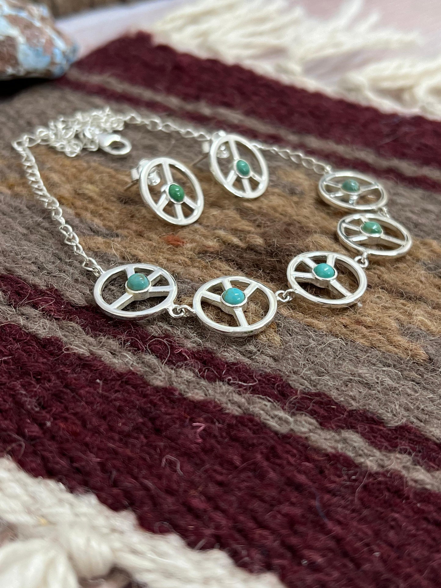 Handmade Sterling Silver Kingman Turquoise Necklace Earrings Set with Signed Nizhoni
