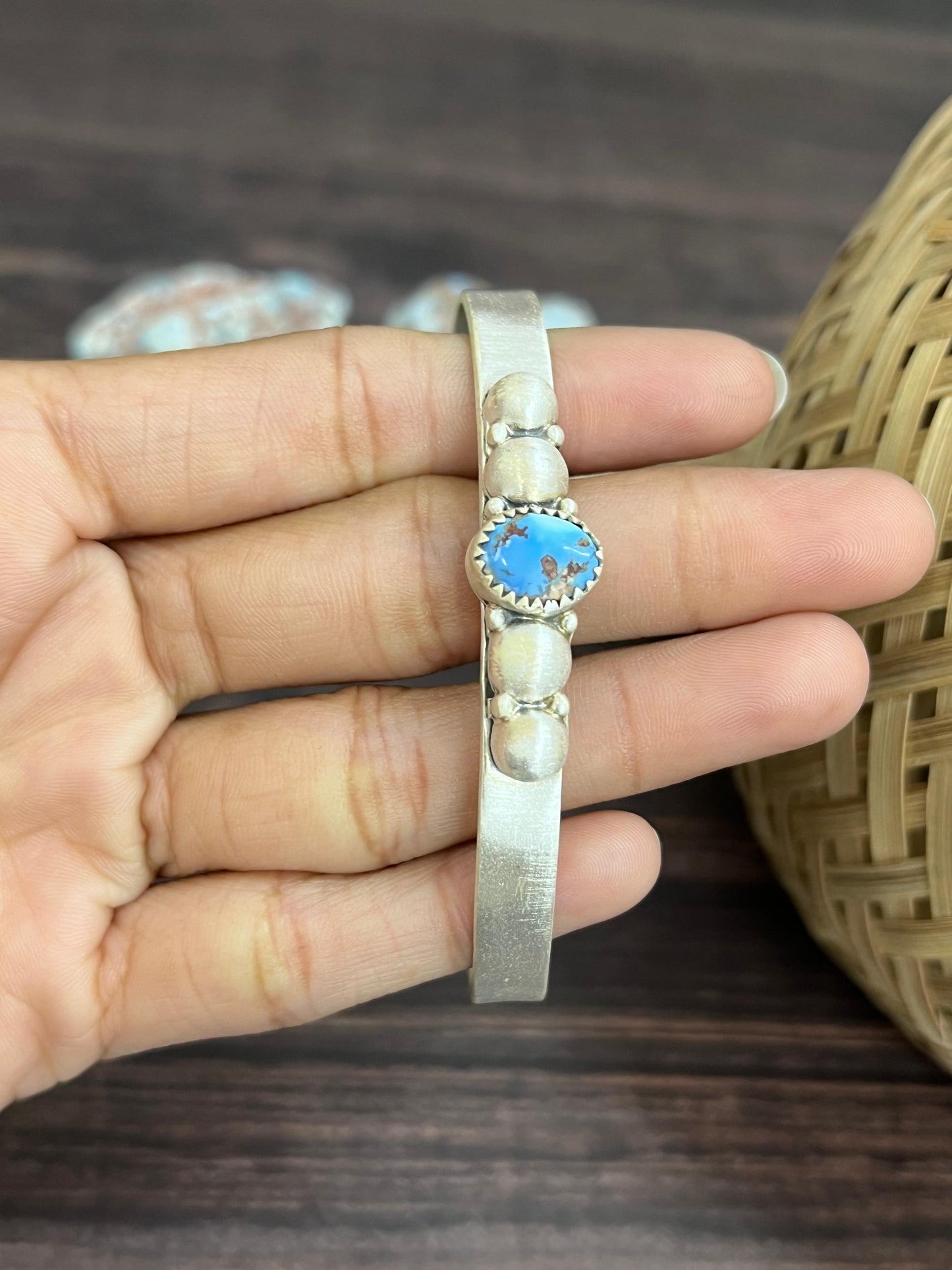 Handmade Sterling Silver Golden Hills Turquoise Cuff Bracelet with Signed Nizhoni