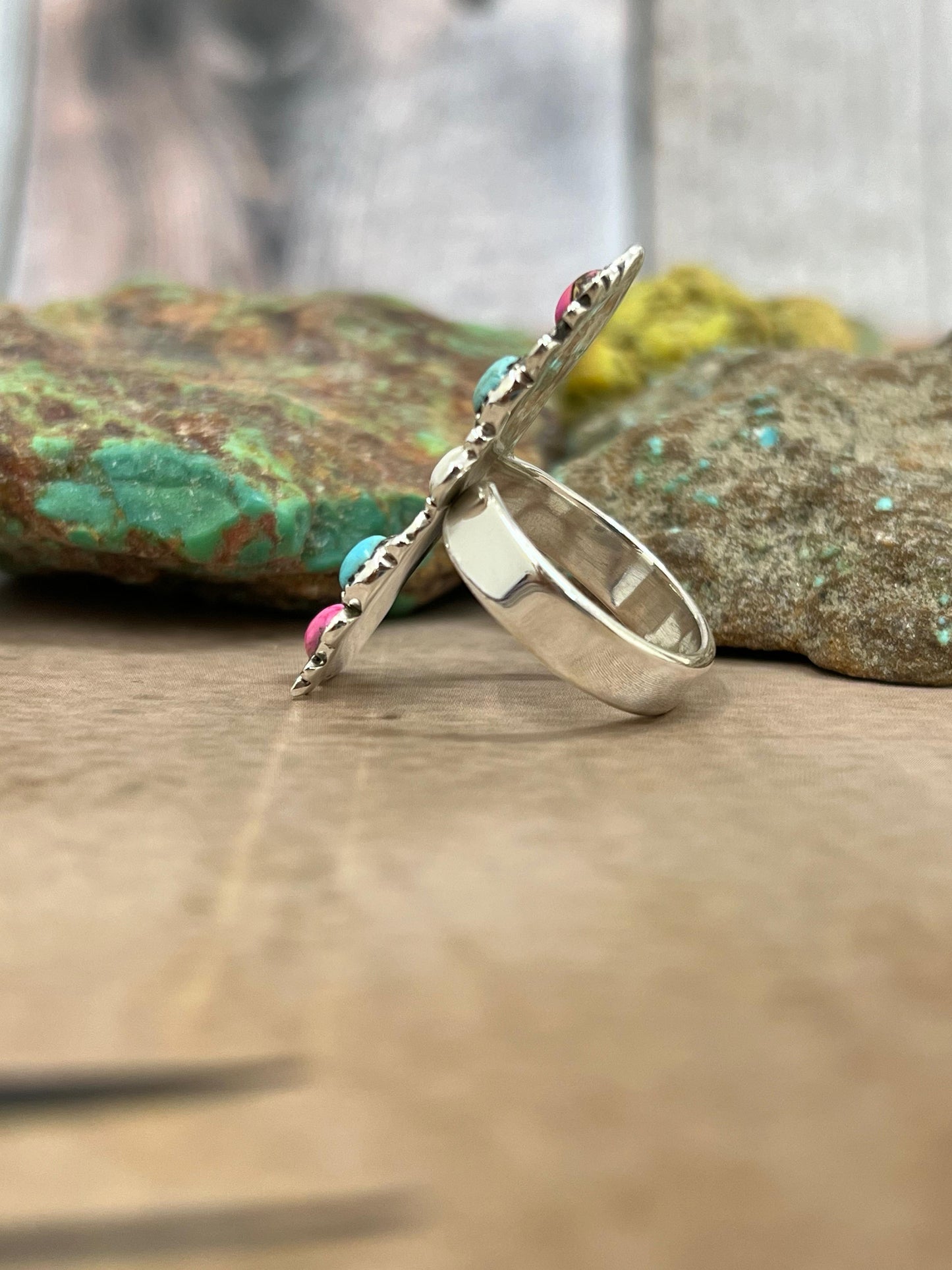 Handmade Sterling Silver Cotton Candy Turquoise Adjustable Ring with Signed Nizhoni