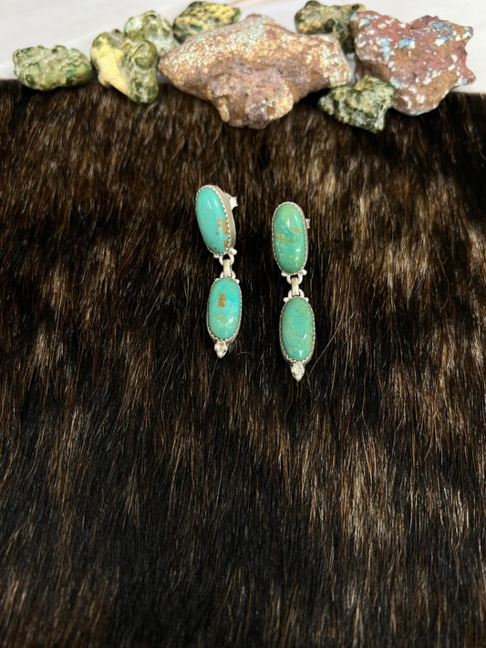 Handmade Sterling Silver Royston Turquoise Dangle Earrings with Signed Nizhoni