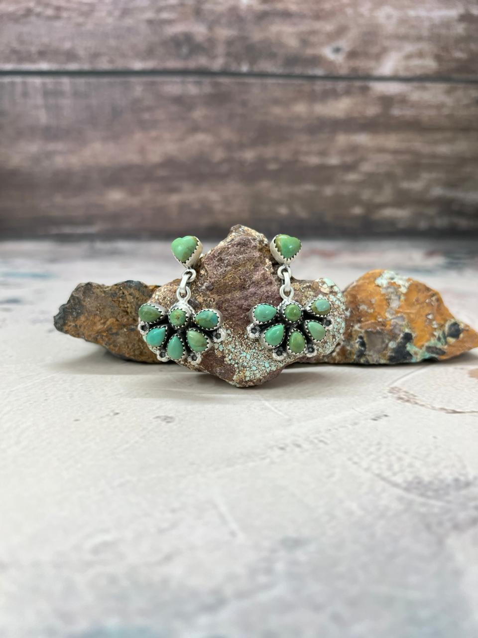 Handmade Sterling Silver Kingman Turquoise Post Dangle Earrings "Signed Nizhoni"