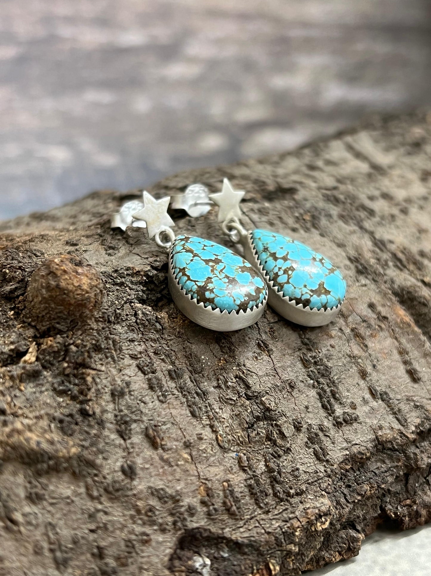 Handmade Sterling Silver Number 8 Turquoise Dangle Earrings with Signed Nizhoni (8)