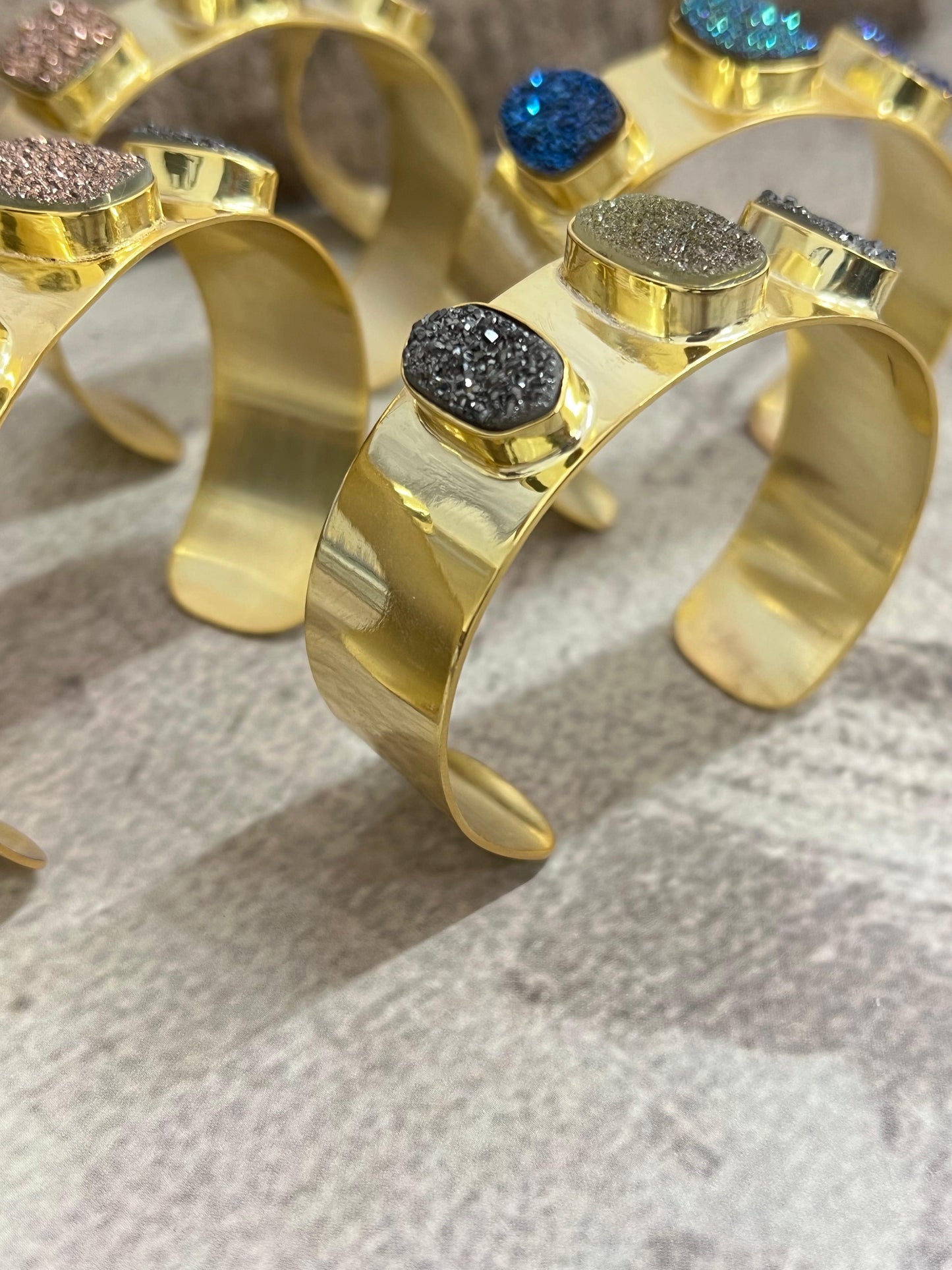 “The Boho Collection” Handmade Natural Gold Plated 3 Stone Druzy Wide Cuff Bracelet
