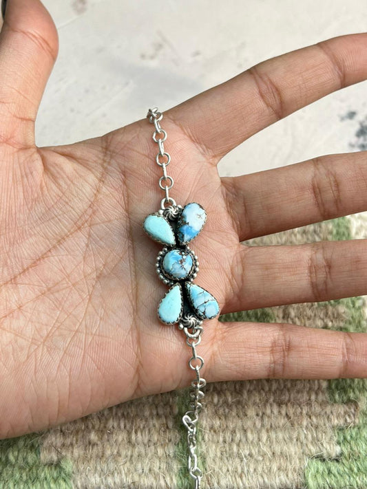 Handmade Sterling Silver Golden Hills Turquoise Chain Bracelet "Signed Nizhoni"