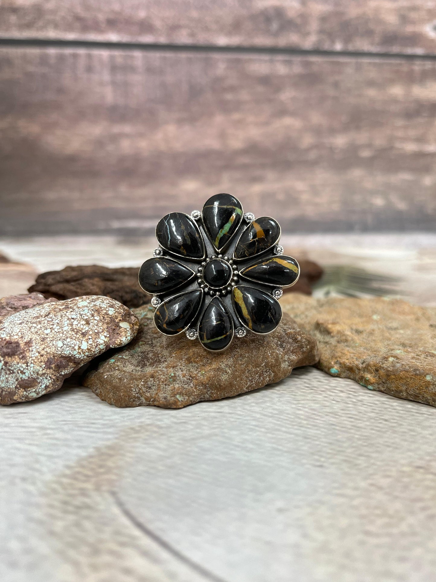 Handmade Sterling Silver Blackjack Turquoise Adjustable Ring Signed Nizhoni