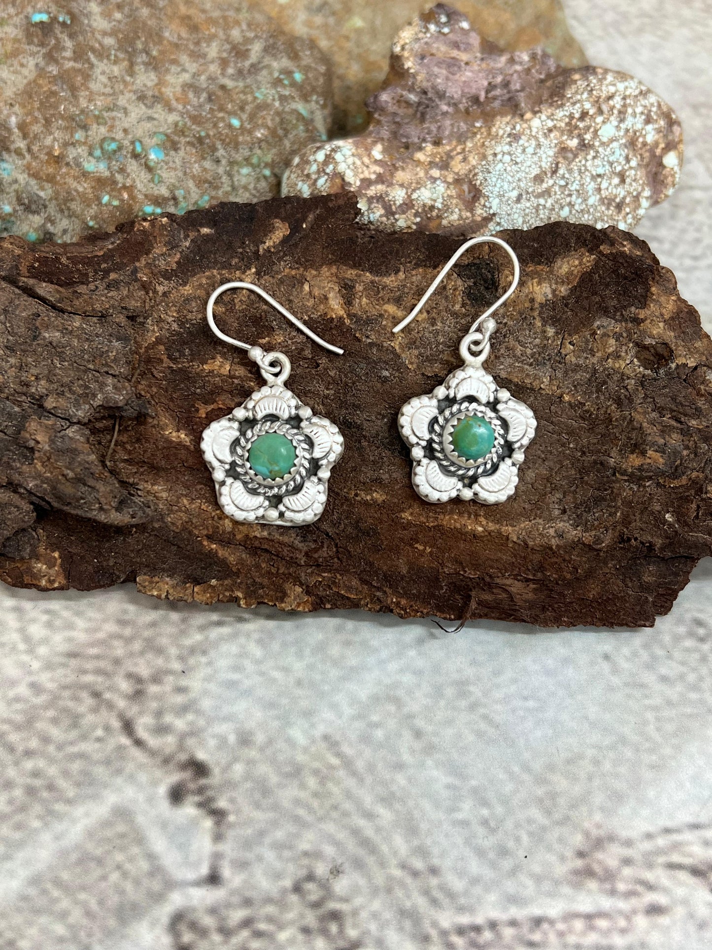 Handmade Sterling Silver Kingman Turquoise Hook Earrings with Signed Nizhoni