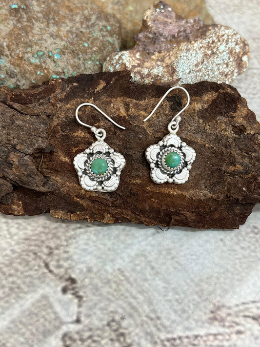 Handmade Sterling Silver Kingman Turquoise Hook Earrings with Signed Nizhoni