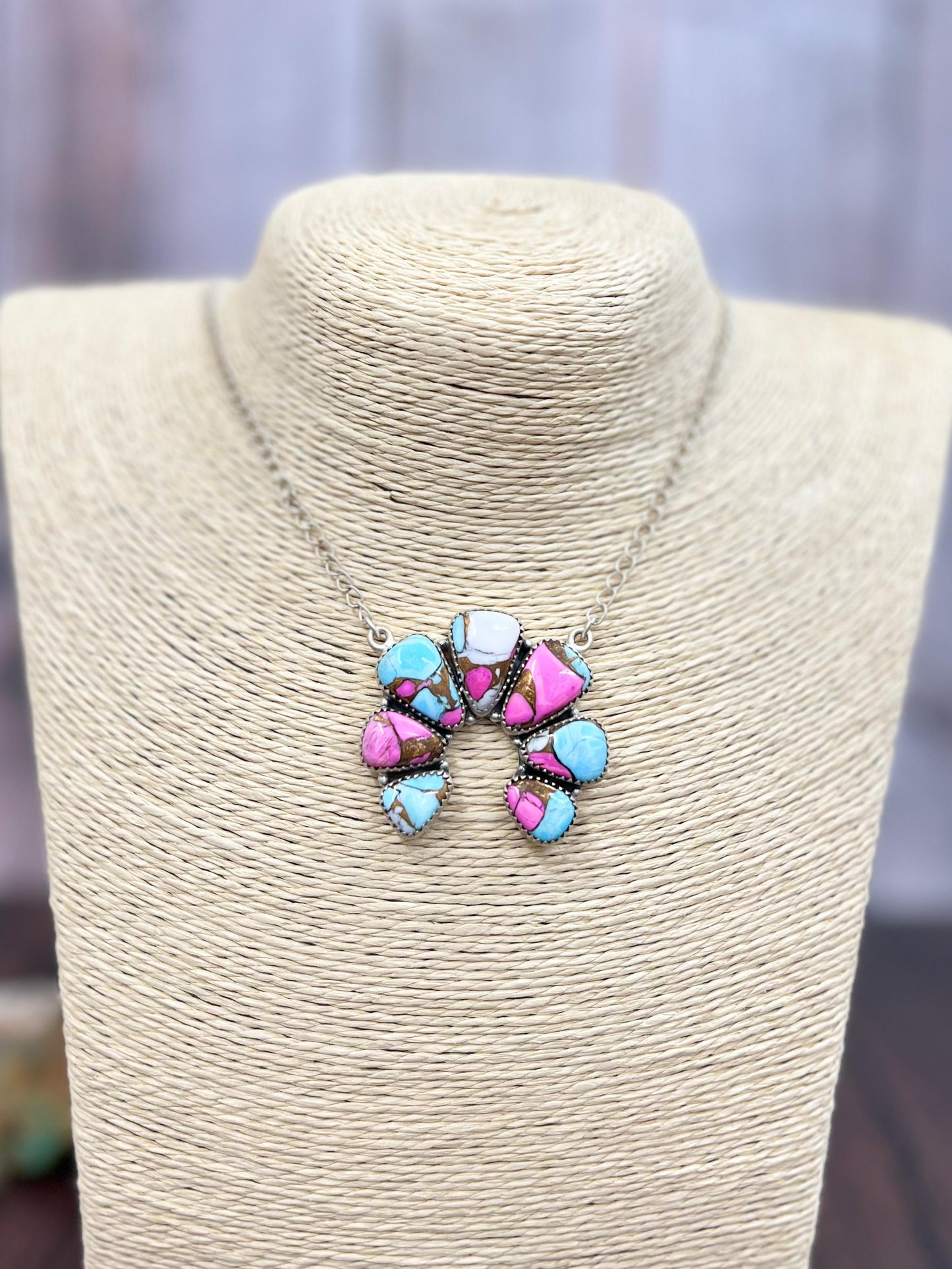 Handmade Sterling Silver Cotton Candy Turquoise Necklace with Signed Nizhoni
