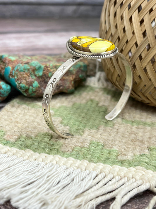 Handmade Sterling Silver Honey Dahlia Cuff Bracelet with Signed Nizhoni