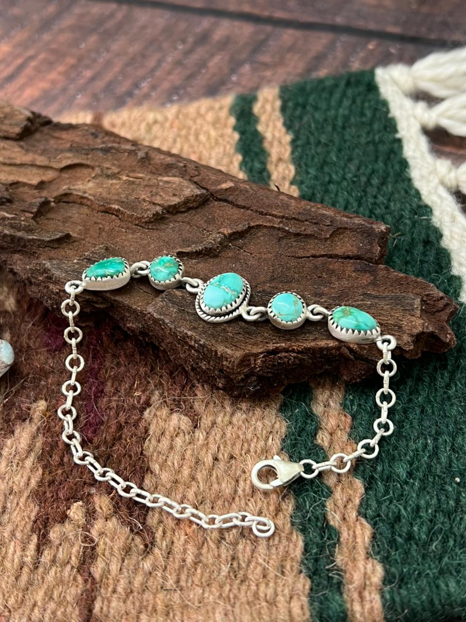 Handmade Sterling Silver Emerald Valley Turquoise Chain Bracelet "Signed Nizhoni"