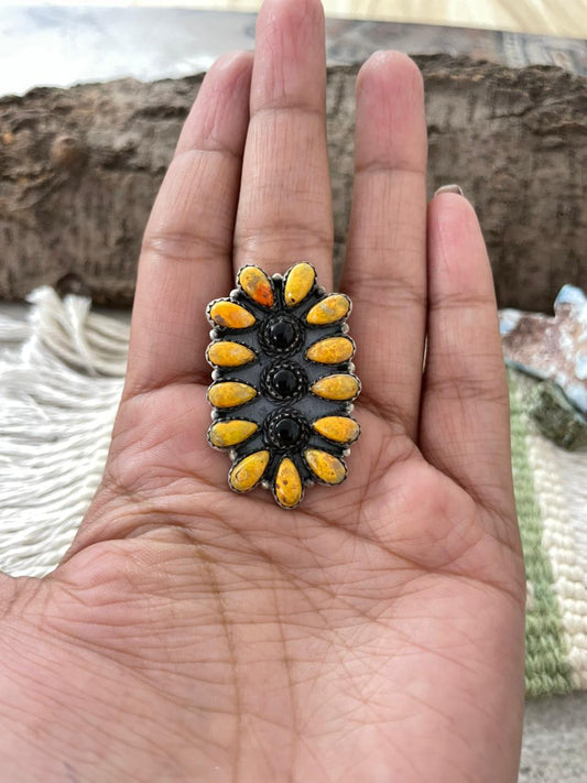 "Halloween Collection" Handmade Sterling Silver Black Onyx, Bumblebee Adjustable Ring with Signed Nizhoni