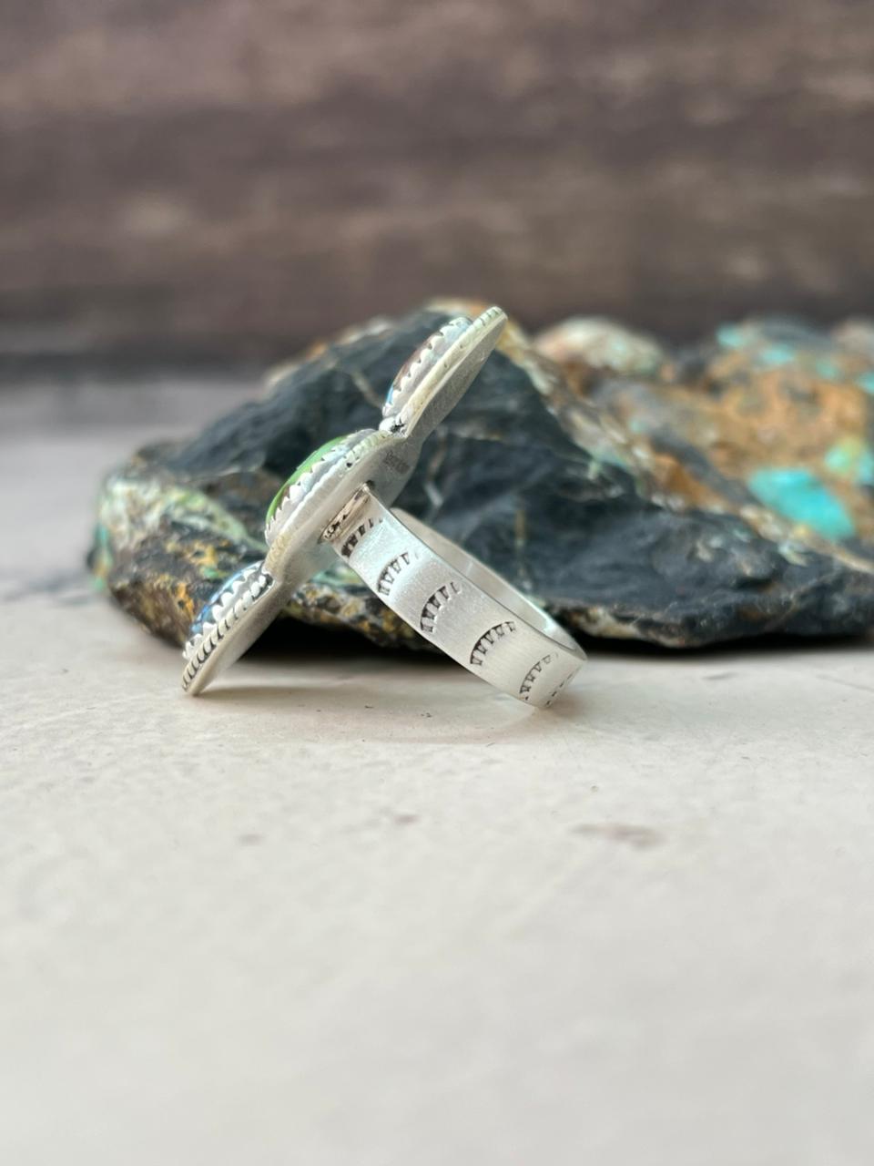 Handmade Sterling Silver Sonoran Mountain with Golden Hills Turquoise Adjustable Ring "Signed Nizhoni"
