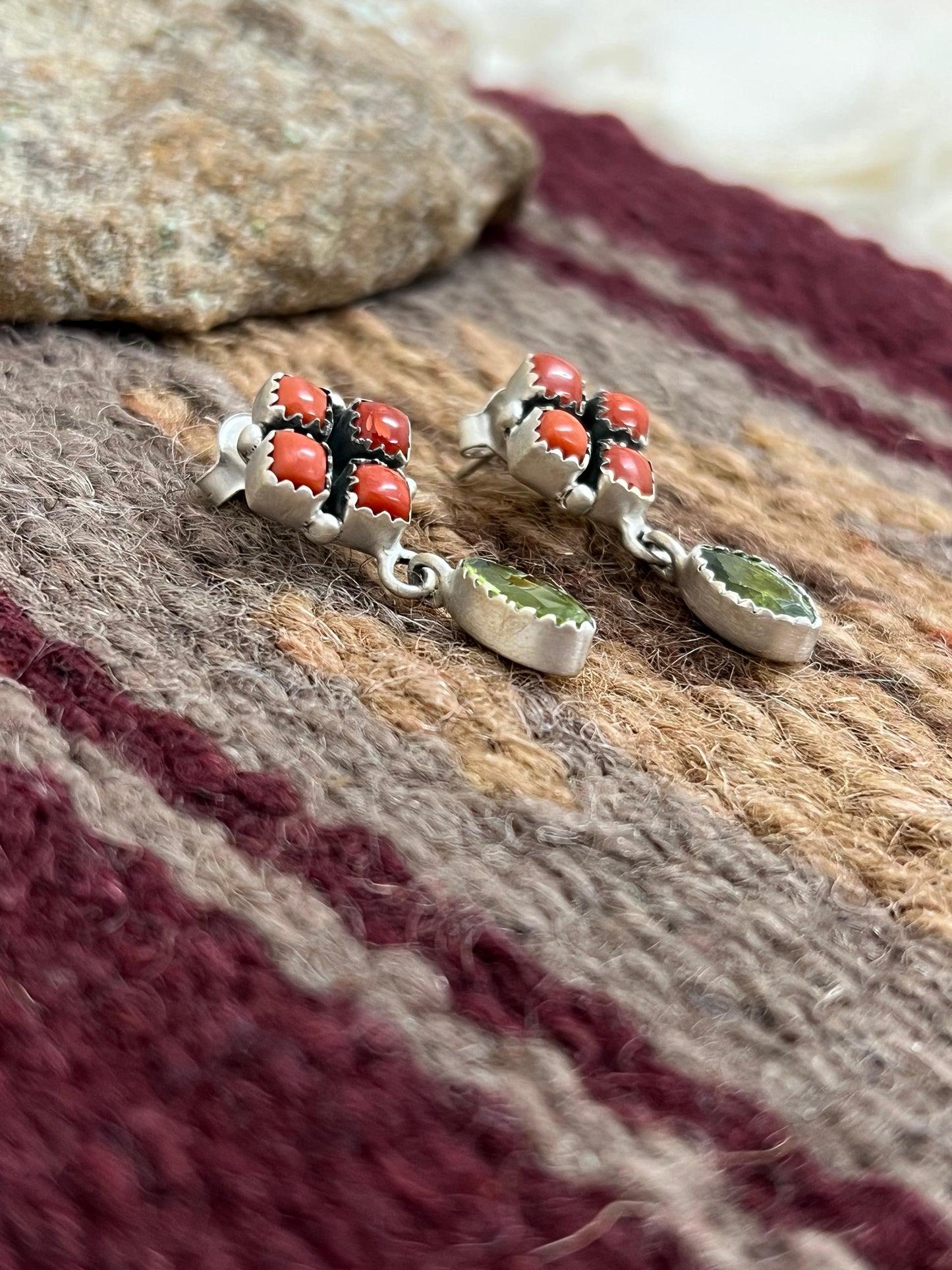 Christmas Collection Handmade Sterling Silver Coral with Peridot Post Dangle Earrings with Signed Nizhoni