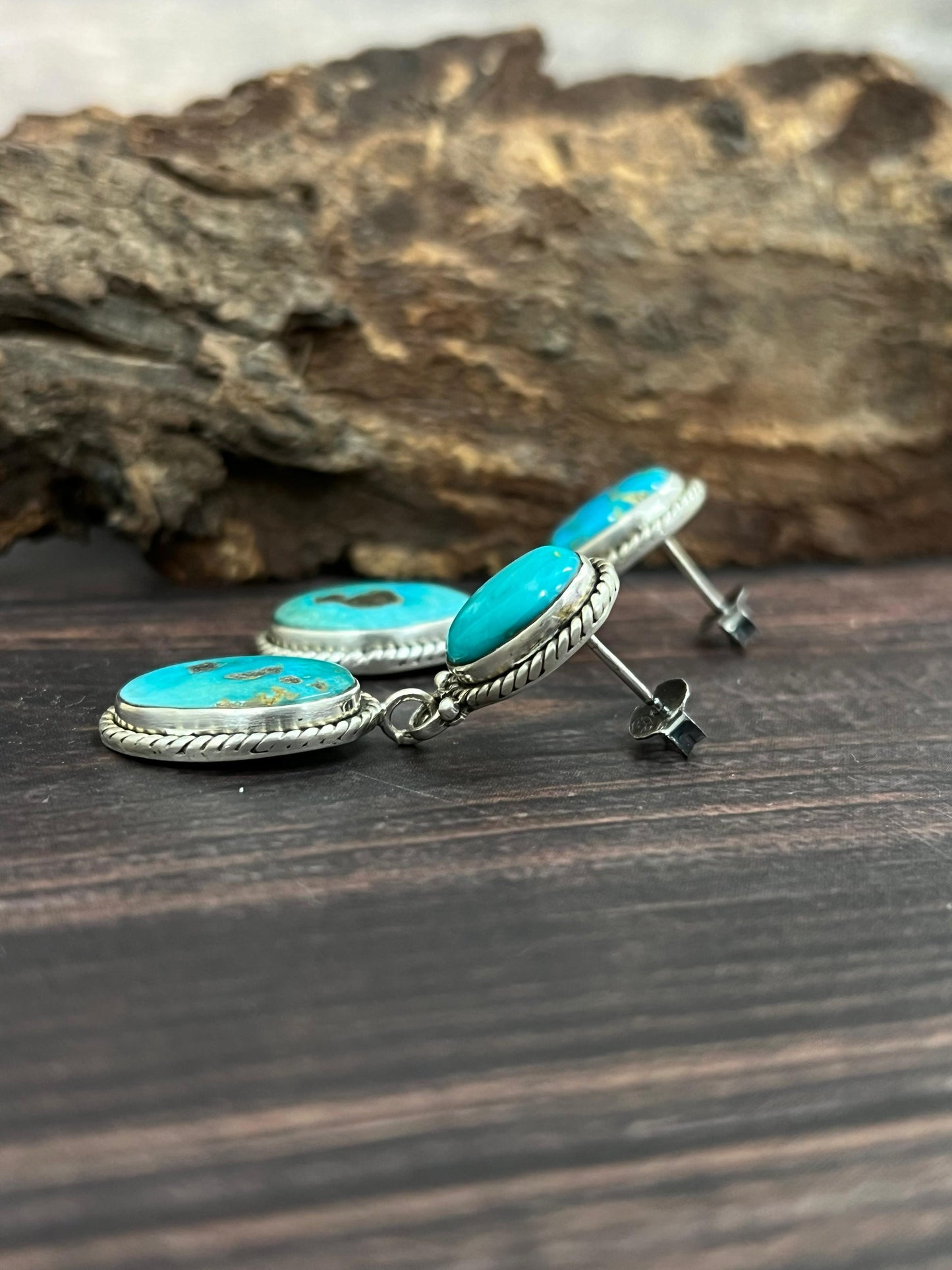 Handmade Sterling Silver South Hill Turquoise Post Dangle Earrings with Signed Nizhoni