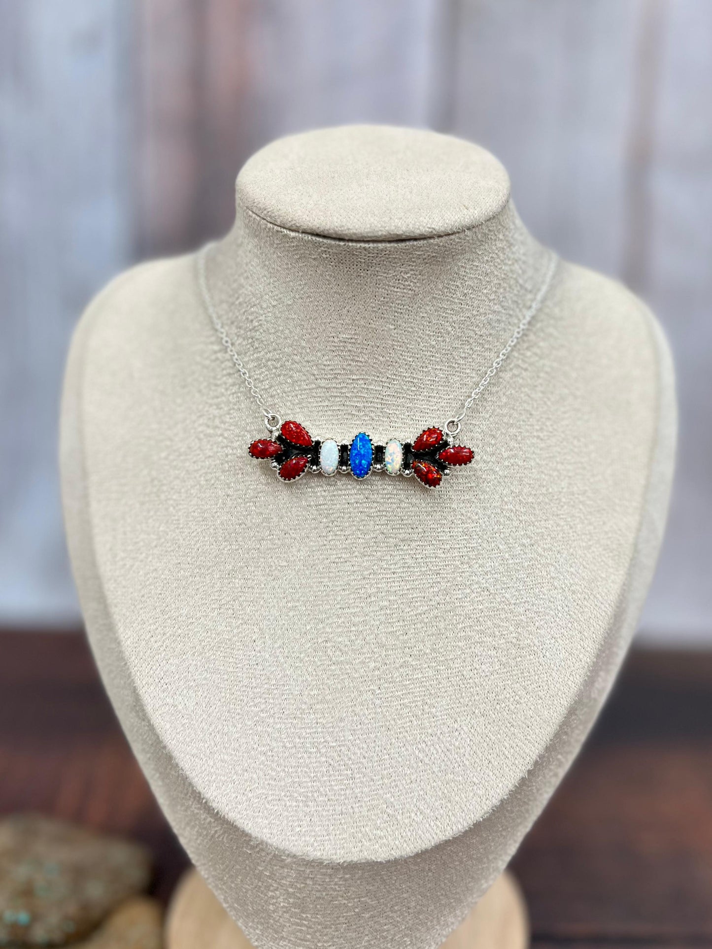 ** 4TH OF JULY ** Handmade Sterling Silver Synthetic Opal Necklace with Signed Nizhoni