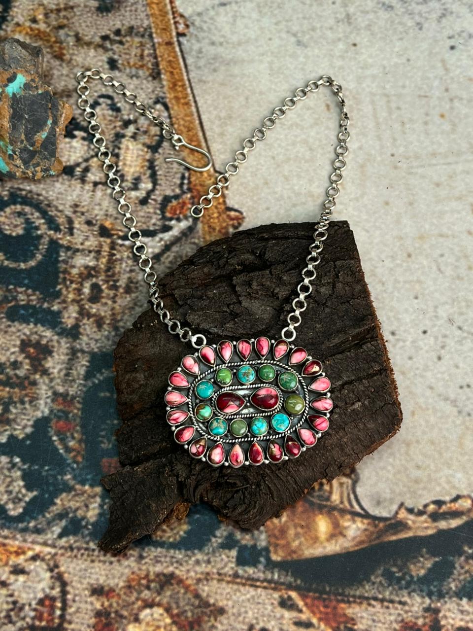 Handmade Sterling Silver Dahlia Rose with Emerald Valley Turquoise Necklace "Signed Nizhoni"