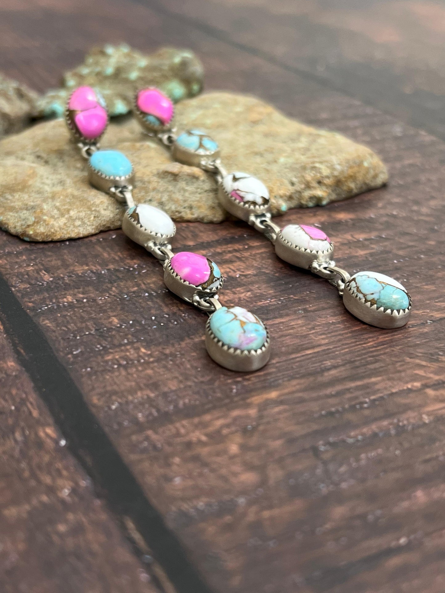 Handmade Sterling Silver Cotton Candy Turquoise Dangle Earrings with Signed Nizhoni