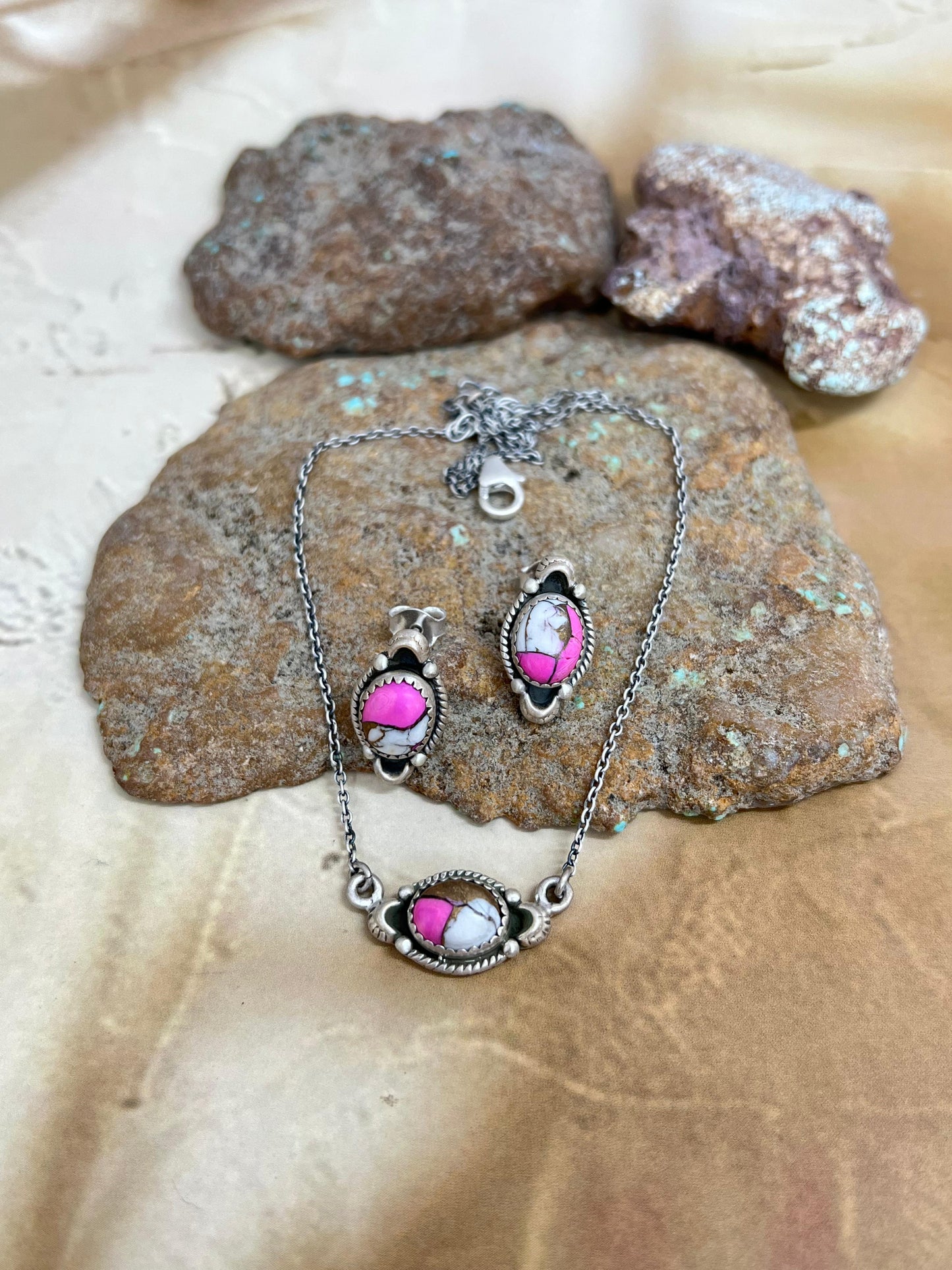 Handmade Sterling Silver Cotton Candy Turquoise Necklace Earrings Set, Signed Nizhoni