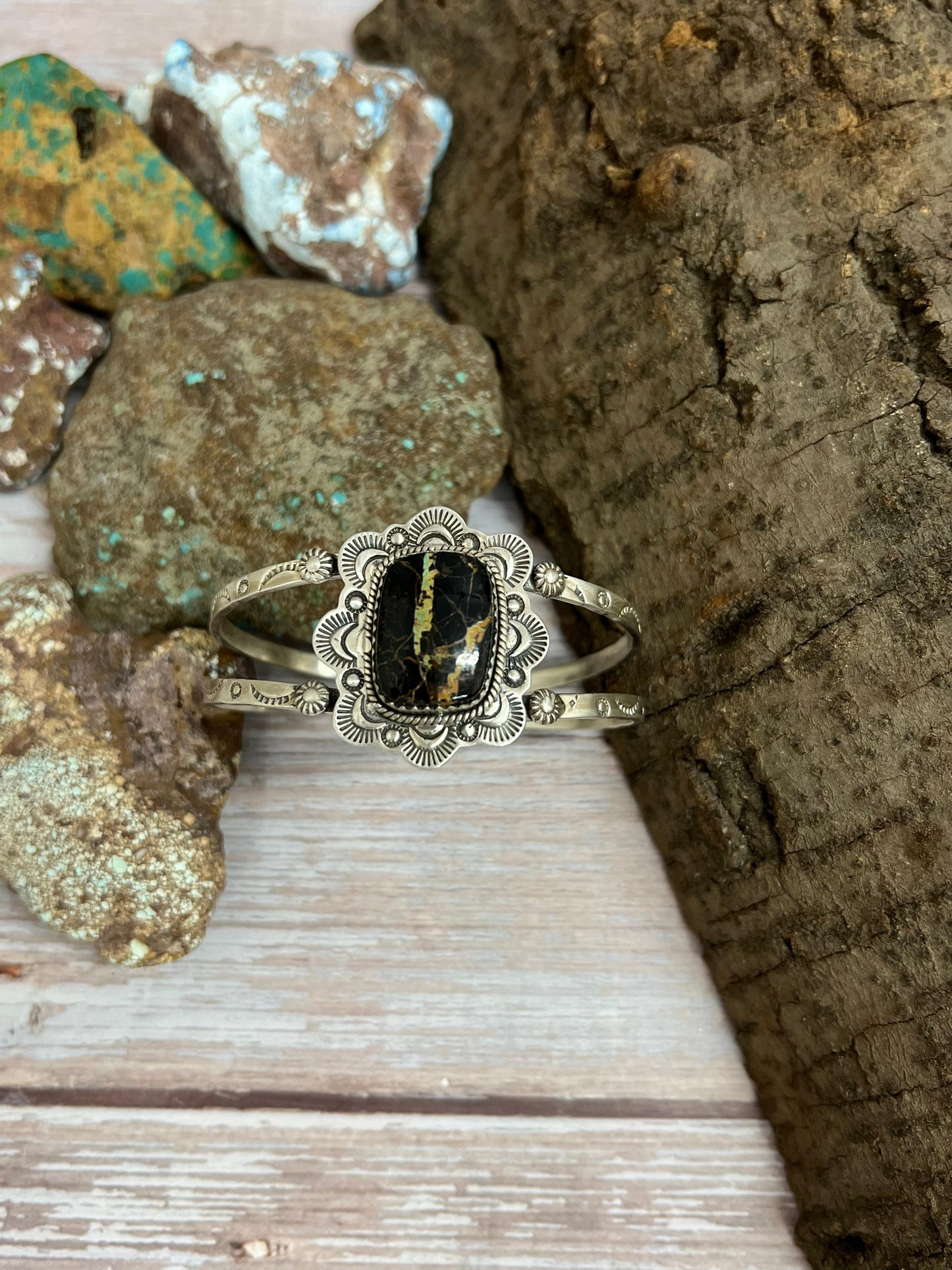 Handmade Sterling Silver Black Jack Cuff Bracelet with Signed Nizhoni