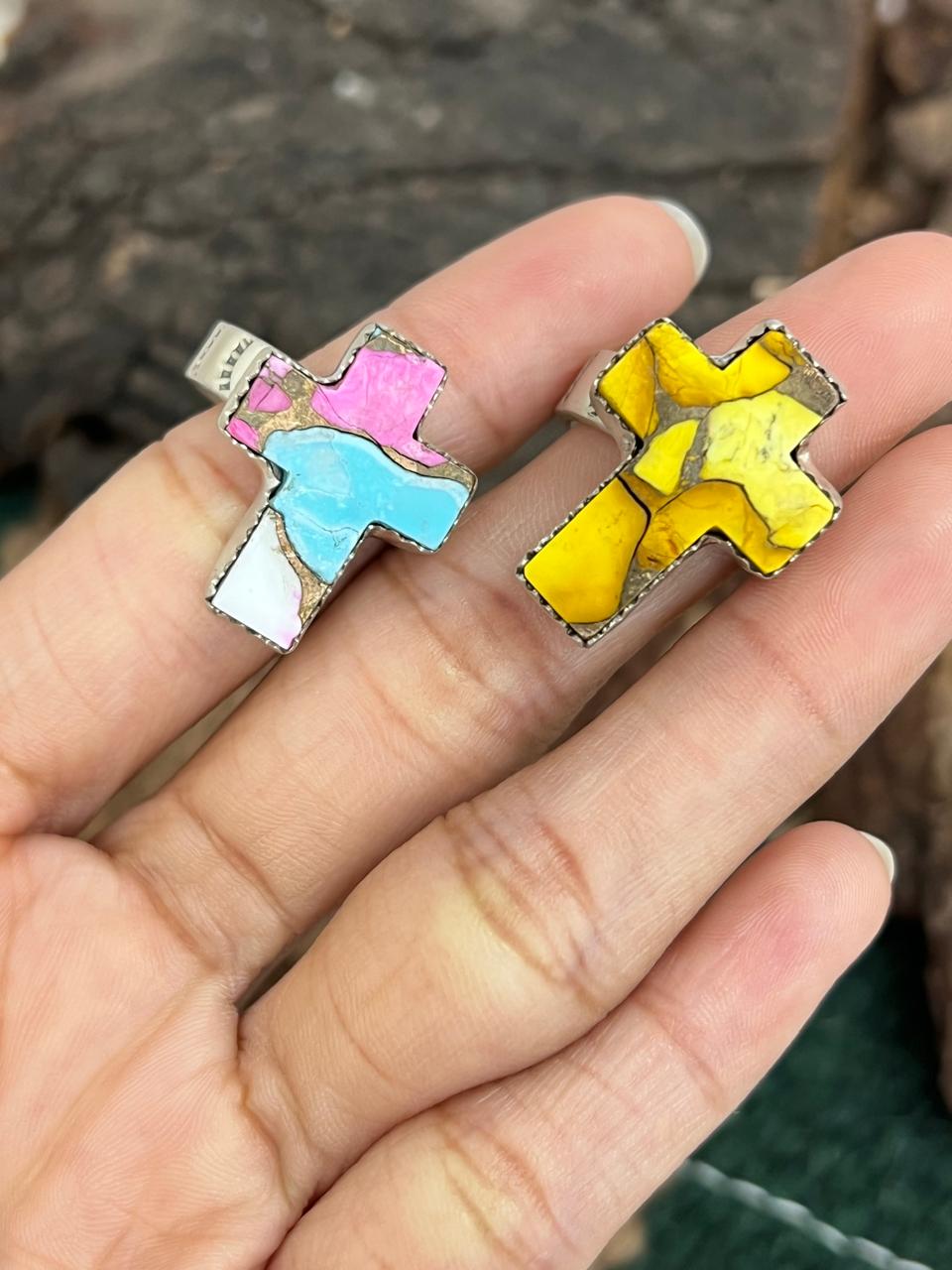 Handmade Sterling Silver Honey Dahlia, Cotton Candy Turquoise Cross Adjustable Ring with Signed Nizhoni