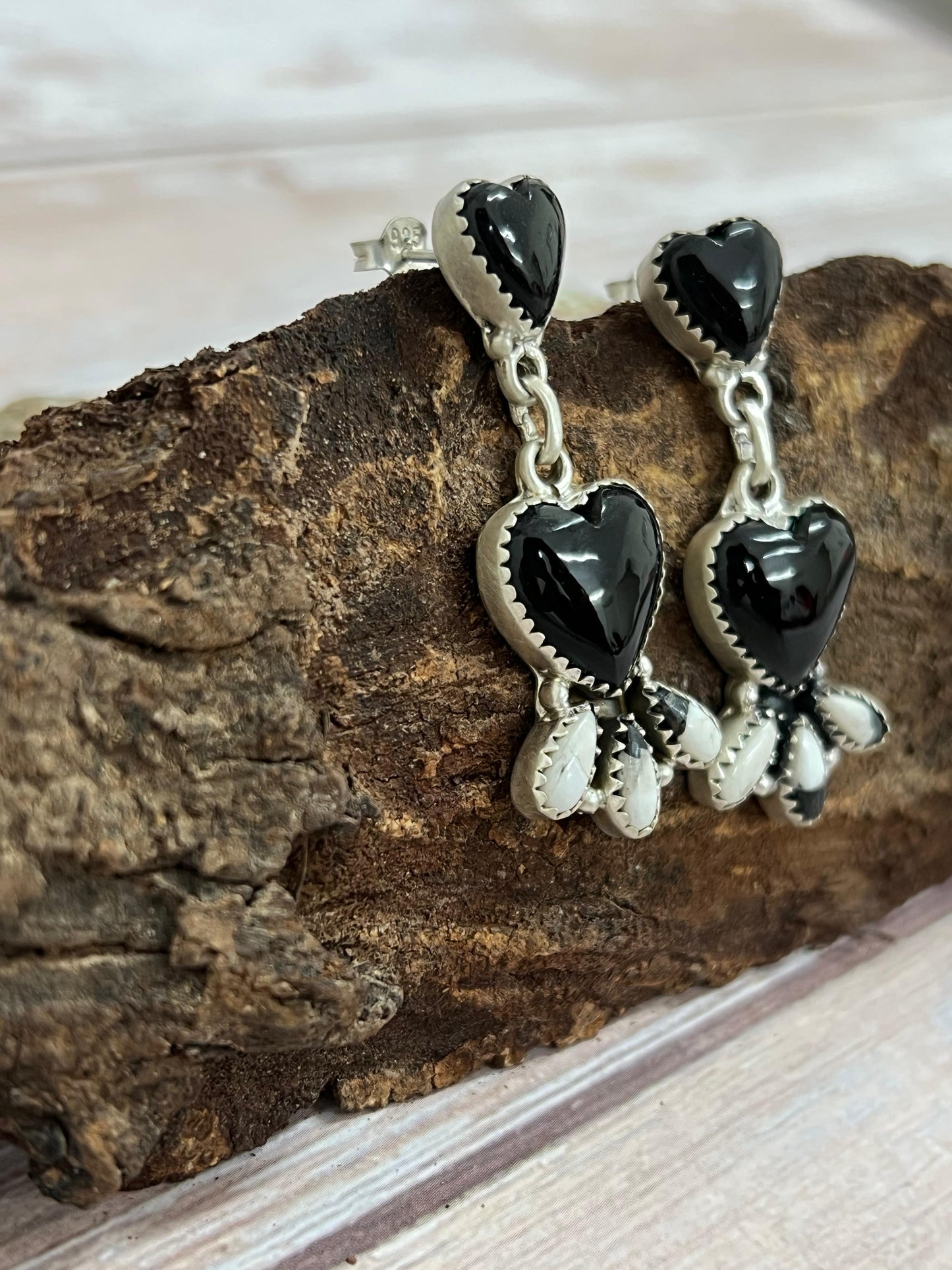 Handmade Sterling Silver and Black Onyx with White Buffalo Turquoise Dangle Earrings, Signed Nizhoni