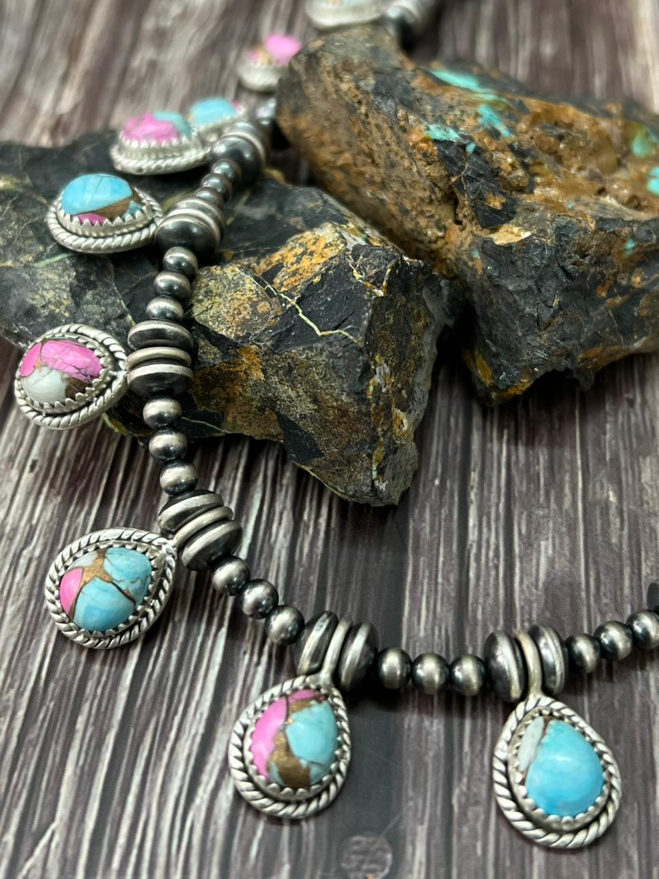 Handmade Sterling Silver Cotton Candy Beaded Necklace "Signed Nizhoni"
