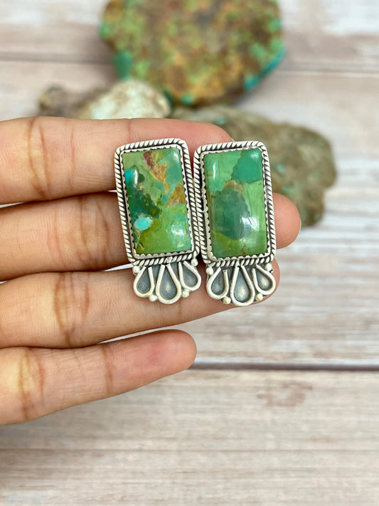 Handmade Sterling Silver Kingman Turquoise Post Earrings with Signed Nizhoni