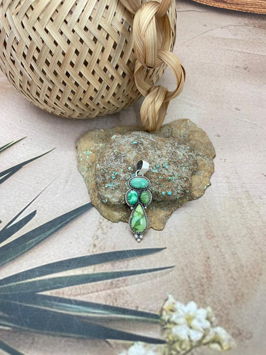 Handmade Sterling Silver Emerald Valley Pendant with Signed Nizhoni