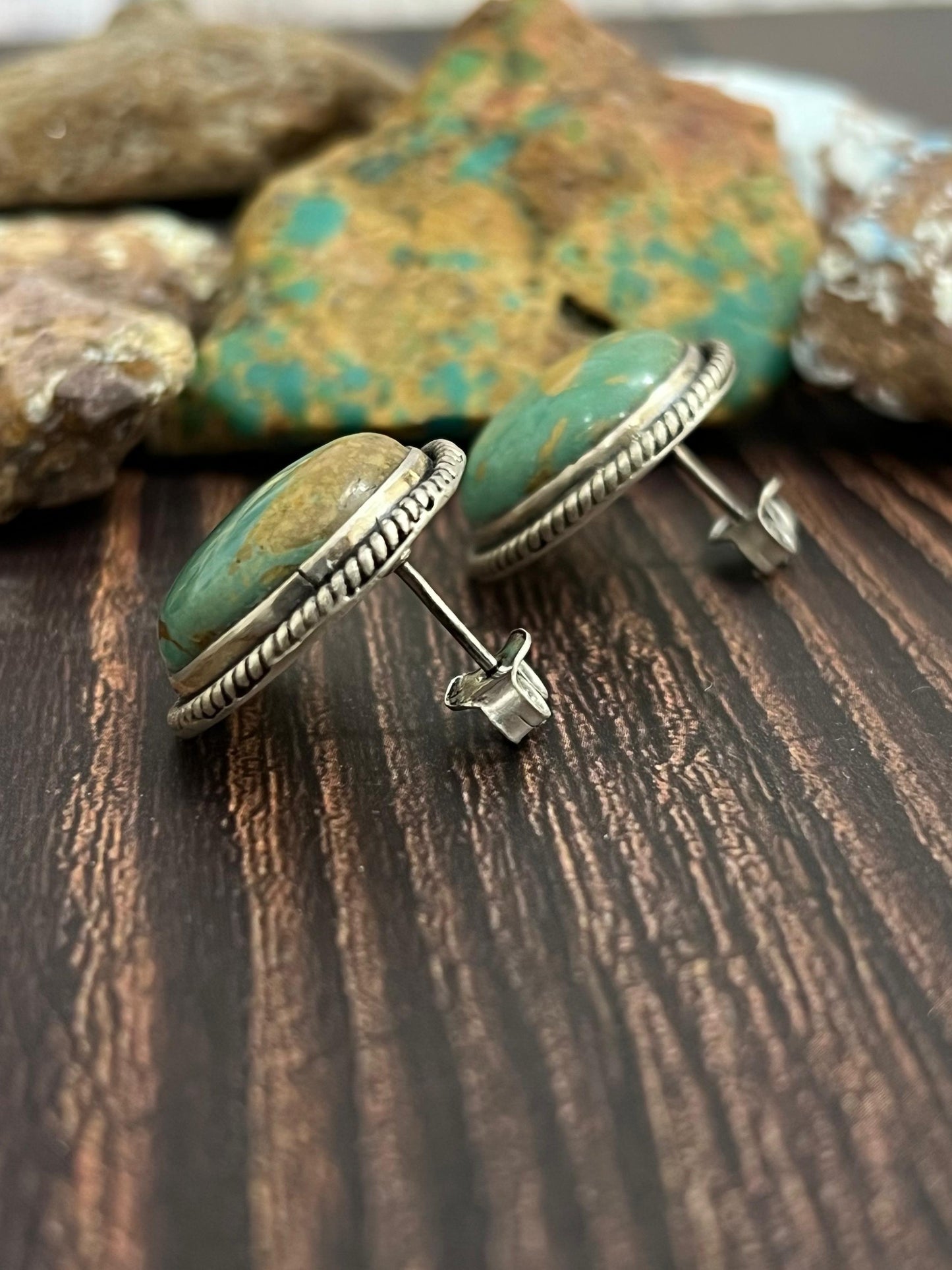 Handmade Sterling Silver Royston Turquoise Post Studs with Signed Nizhoni (8)