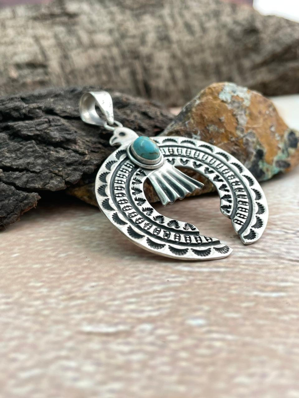 Handmade Sterling Silver Kingman Turquoise Naja Pendant "Signed Nizhoni" (3)